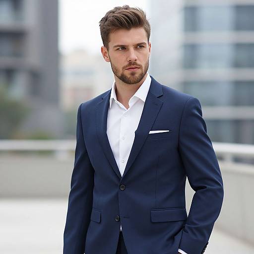 Young Man in Navy Blue Suit Outdoors Urban Background