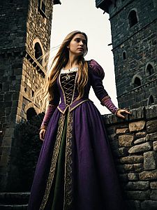 Woman in Medieval Gown by Stone Tower