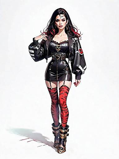 Realistic Comic Style Woman in Black Leather Outfit with Red Stockings