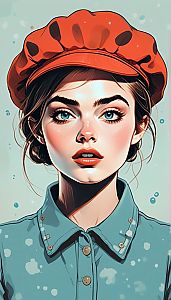 Young Woman with Blue Eyes in Red Beret
