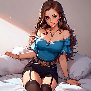 Young woman in off-shoulder blue top and black shorts