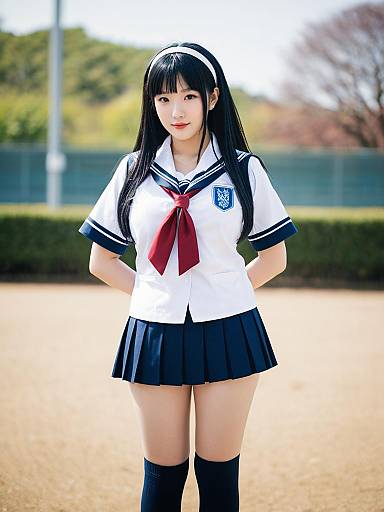 Morishima Haruka in Traditional Japanese School Uniform Outdoors