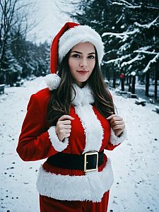 Photorealistic Woman in Santa Suit Costume Outdoor Winter Portrait