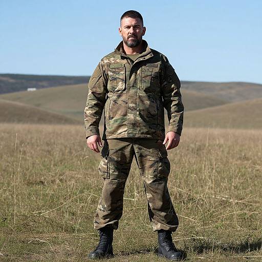 Man in Full Camouflage Military Uniform Standing in Open Field
