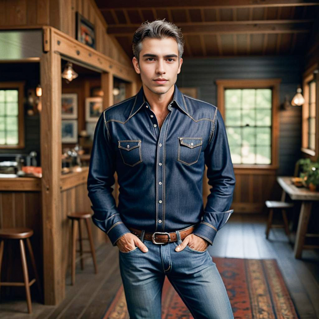 Stylish Man in Denim Fashion in Cozy Wooden Interior