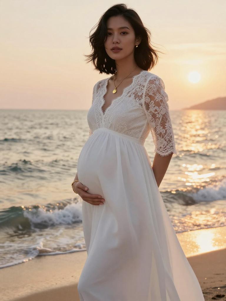 Pregnant Woman in White Lace Maternity Dress on Beach at Sunset