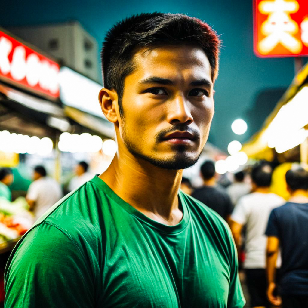 Young Man in Neon-lit Night Market Young Man in Neon-lit Night Market