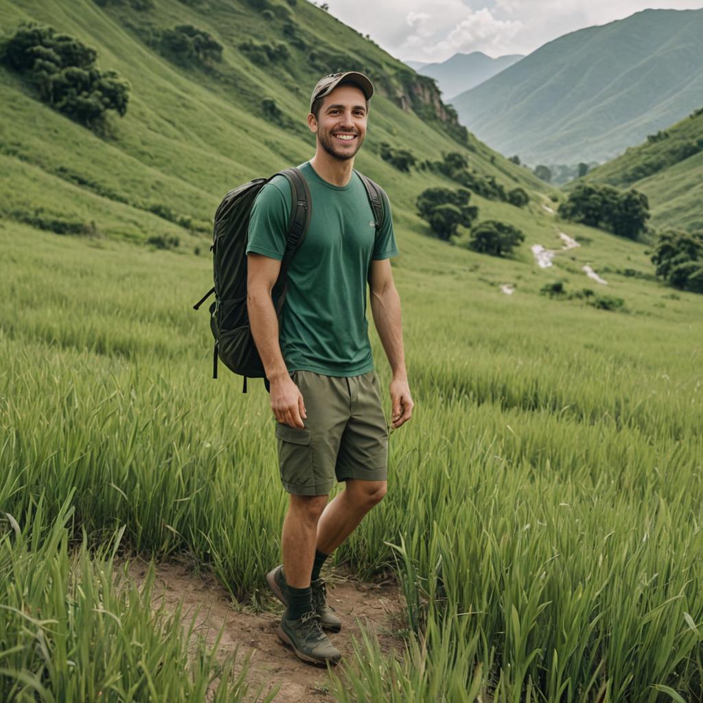 Cheerful man hiking in a lush green valley