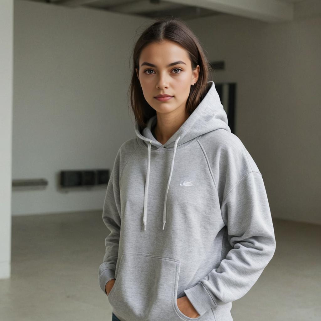 Confident Woman in Grey Hoodie