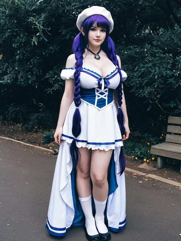 Woman in Purple Braid Anime Cosplay in White and Blue Dress Outdoor