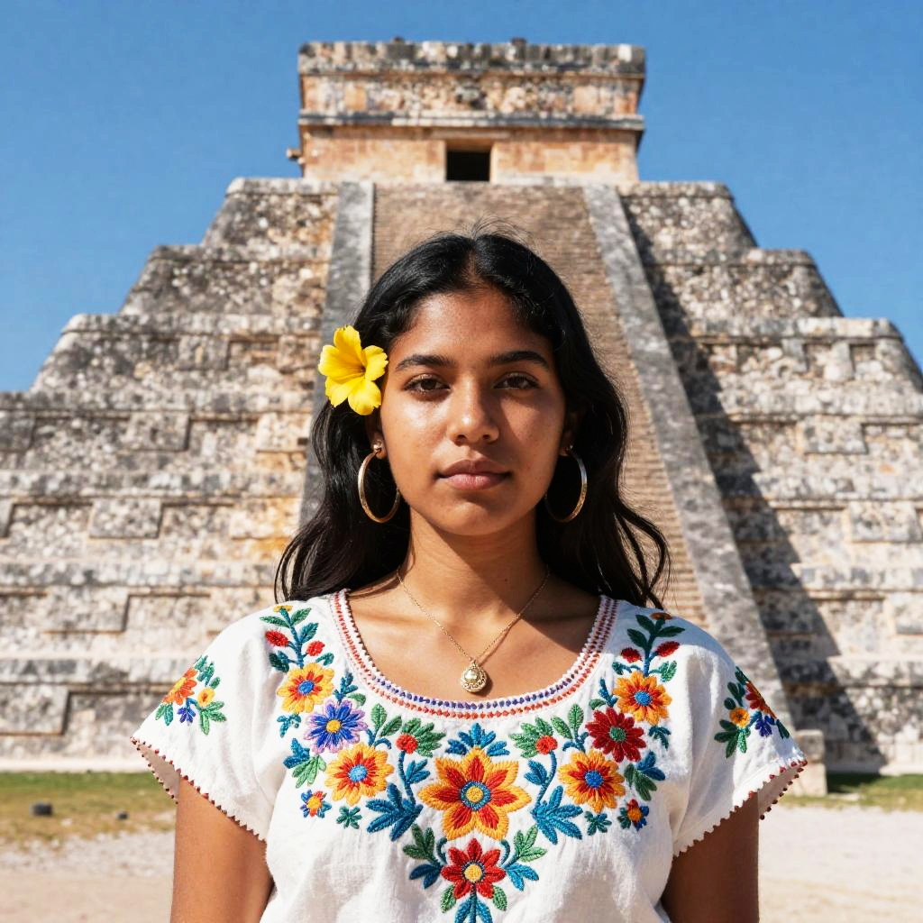 Young Woman in Traditional Embroidered Blouse at Mayan Pyramid