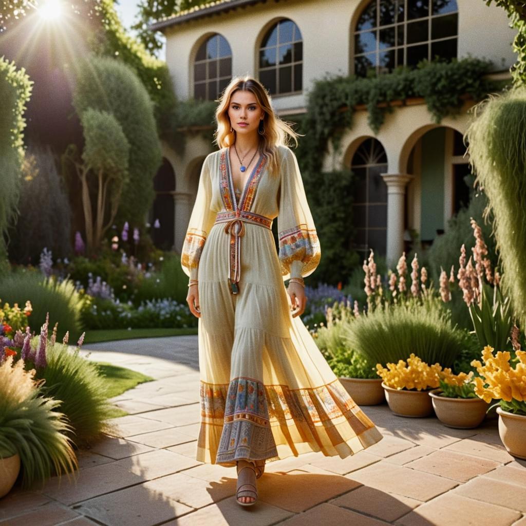 Elegant Woman in Flowing Maxi Dress in Garden