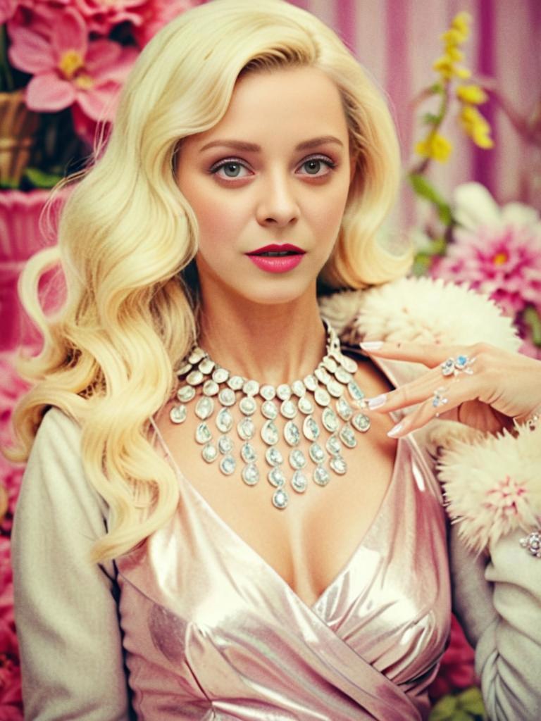 Glamorous Woman in Shimmering Dress Surrounded by Flowers