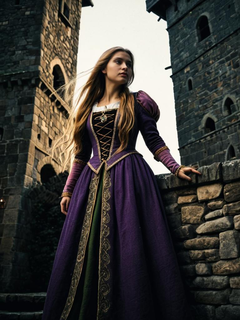 Woman in Medieval Gown by Stone Tower