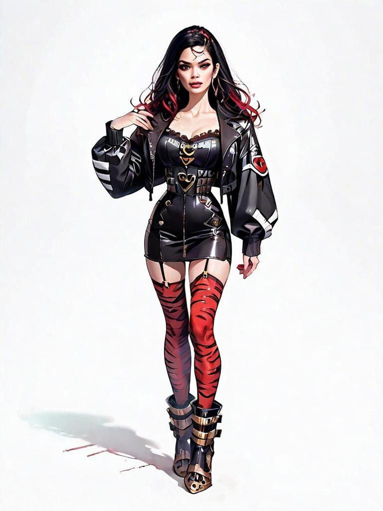 Realistic Comic Style Woman in Black Leather Outfit with Red Stockings