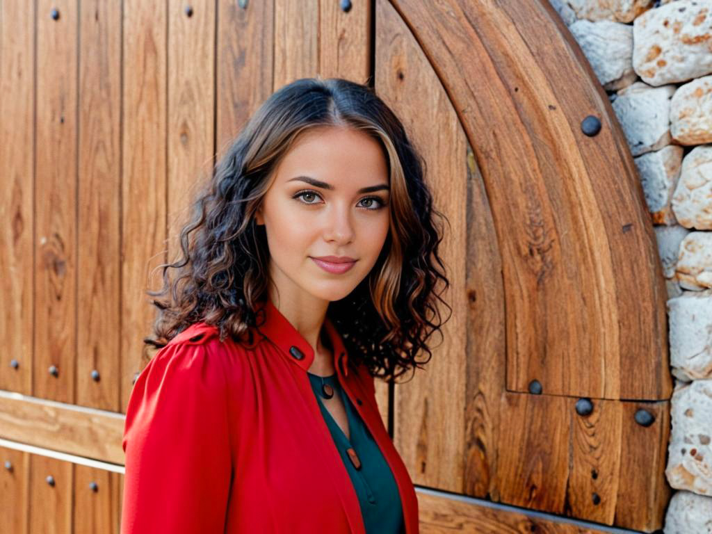 Stylish Woman in Red Jacket by Rustic Door