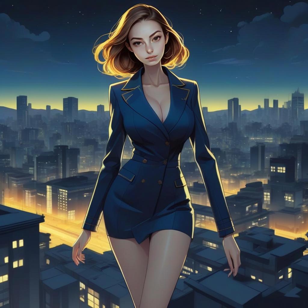 Confident Woman in Navy Blazer Dress Against City Skyline