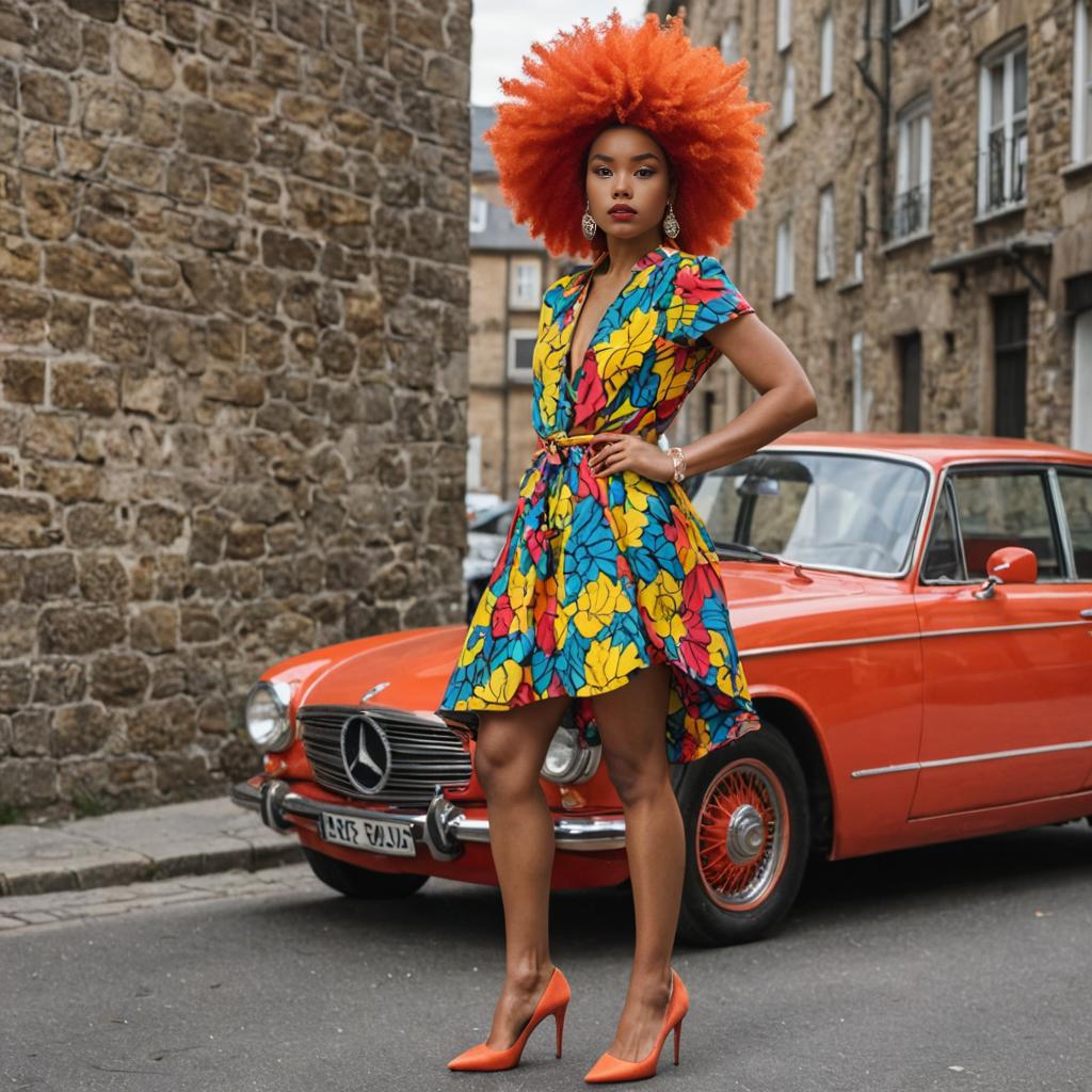 Confident Woman in Colorful Dress on Cobblestone Street