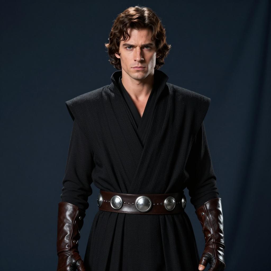 Man in Black Jedi Style Costume with Leather Belt and Gloves