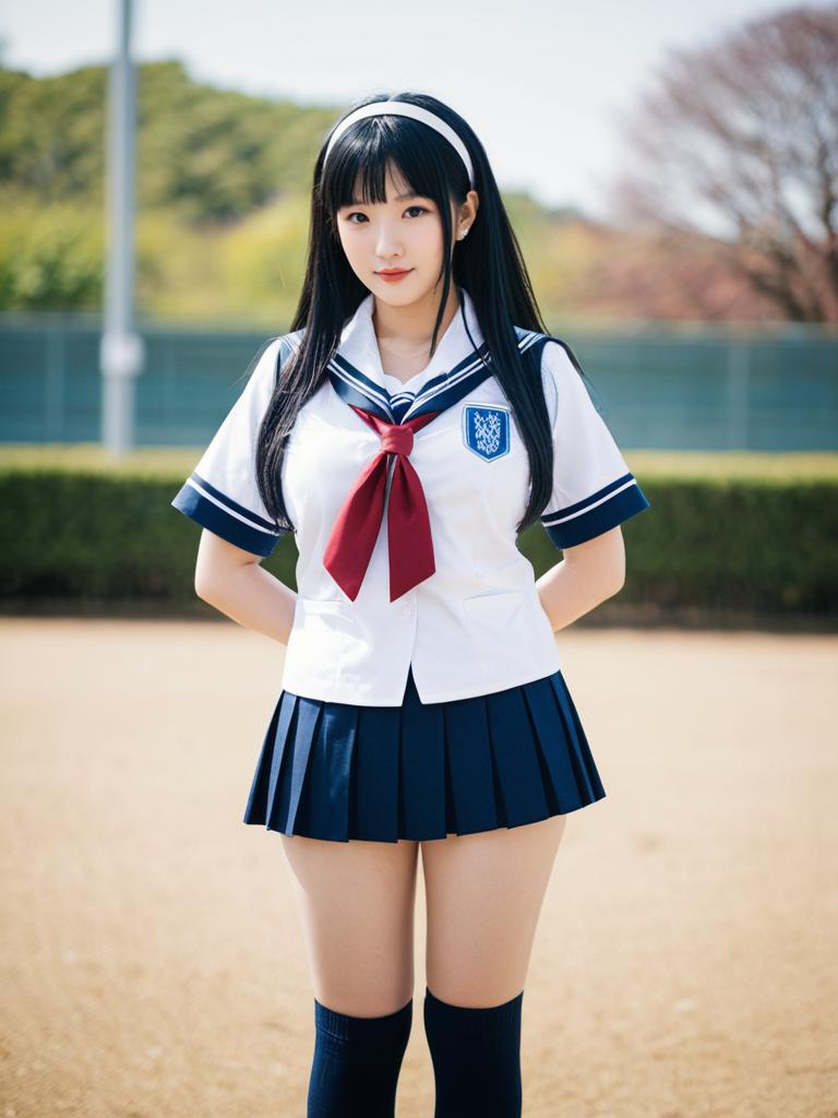 Morishima Haruka in Traditional Japanese School Uniform Outdoors