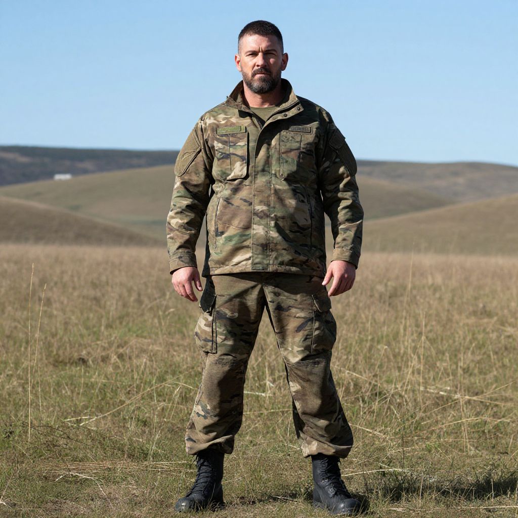 Man in Full Camouflage Military Uniform Standing in Open Field