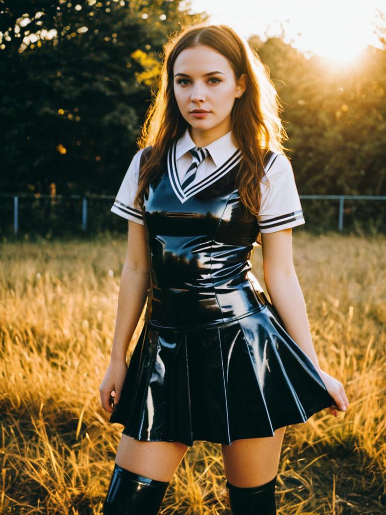 Woman in Latex Schoolgirl Costume Outdoor Portrait Photorealistic