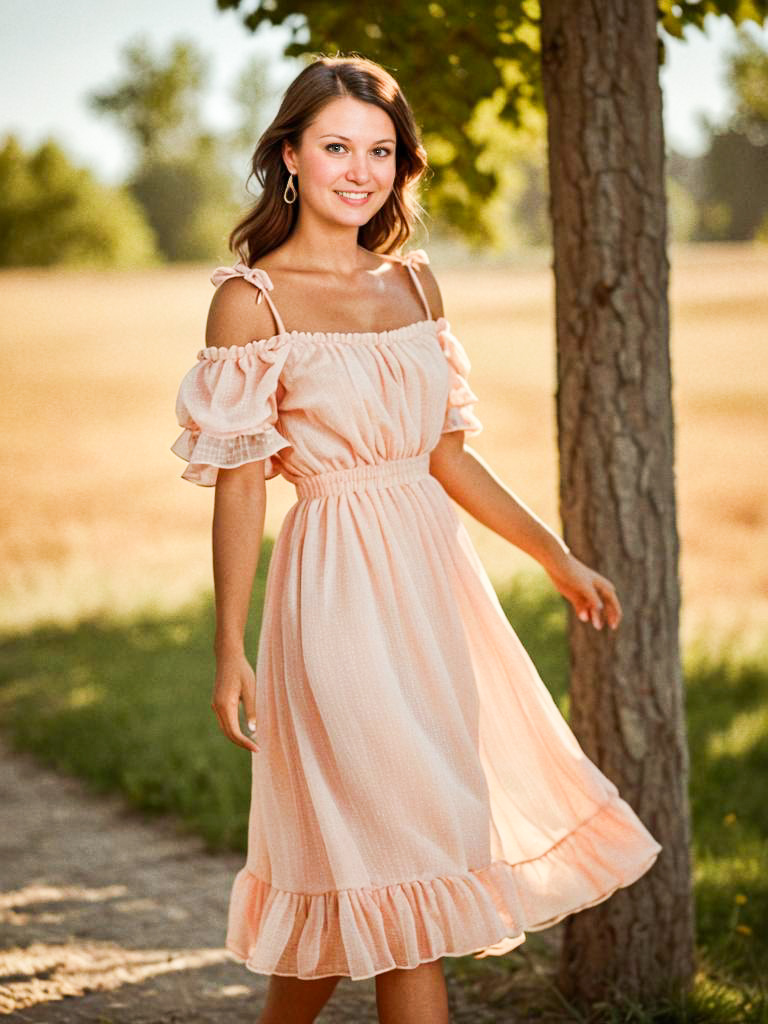 Young Woman in Peach Dress Strolling on Sunlit Path