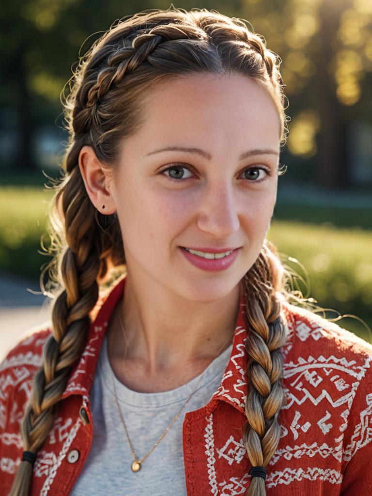 Woman with Braided Hair in Orange Jacket Smiling Outdoors