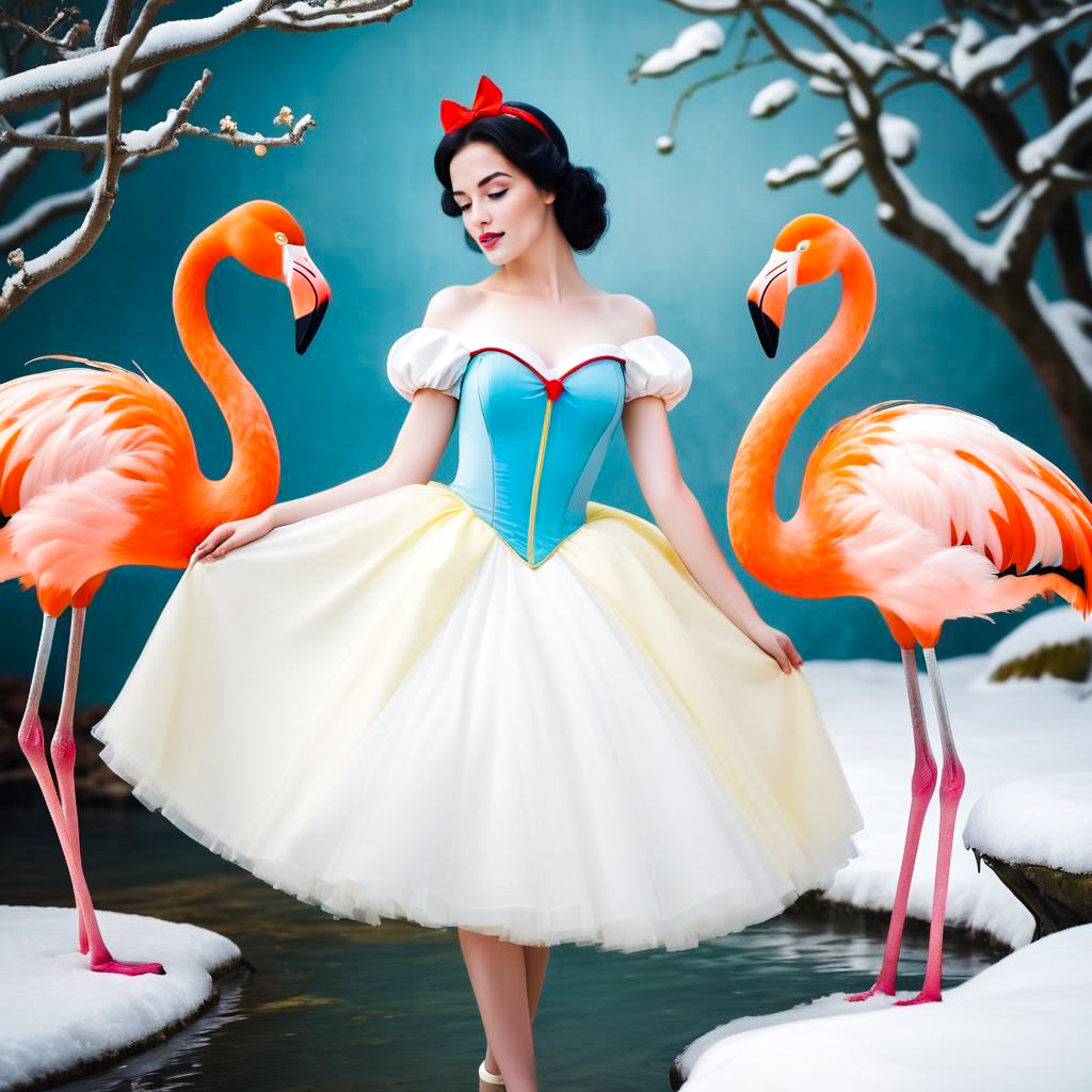 Fairytale Princess with Flamingos in Winter