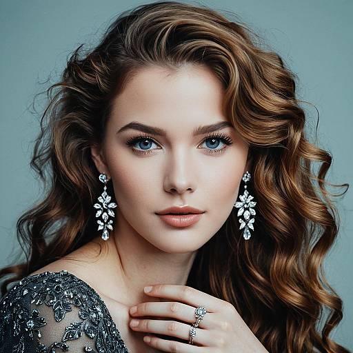 Beautiful Woman with Blue Eyes Wearing Elegant Jewelry and Black Lace Dress
