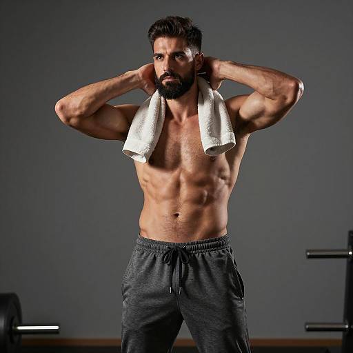 Fit Bearded Man with Towel in Gym Workout