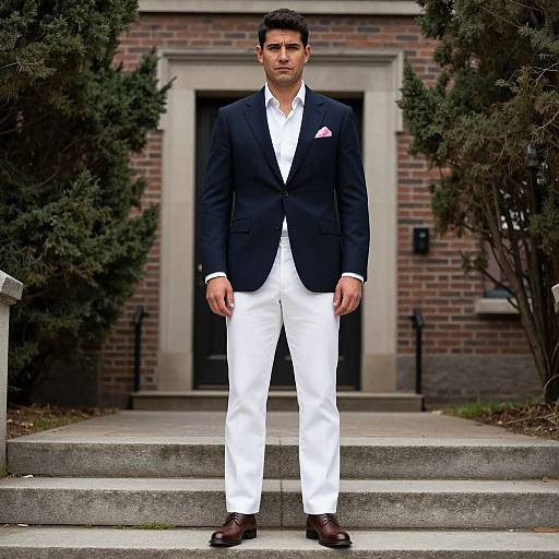 Man in Navy Blazer and White Trousers with Pink Pocket Square