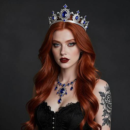 Red-Haired Woman with Blue Gemstone Crown and Gothic Style Tattoo