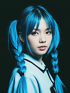 Young Woman with Light Blue Braided Pigtail Hairstyle