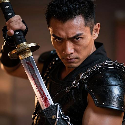 Intense Warrior Man Holding Blood-Stained Katana in Black Armor