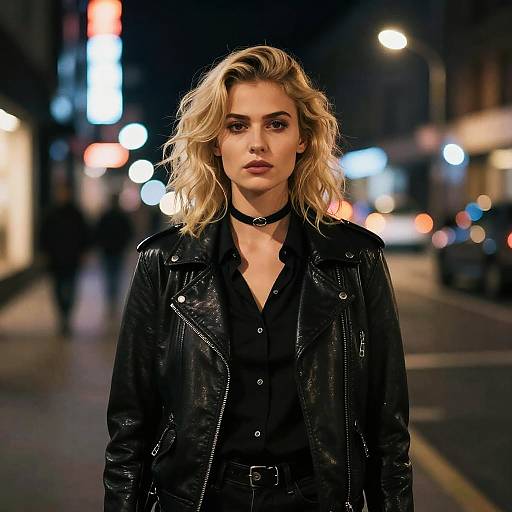 Stylish Gen Z Woman Wearing Leather Jacket in Urban Night Scene