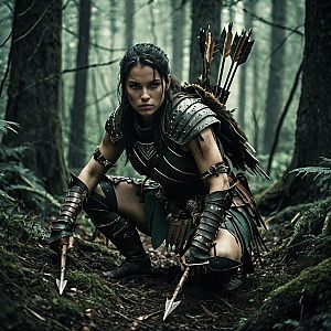 Fierce Woman Warrior in Leather Armor with Dual Spears in Forest