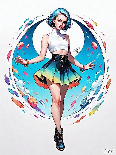 Young Woman in Stylish Gradient Skirt with Blue Hair - Realistic Comic Art