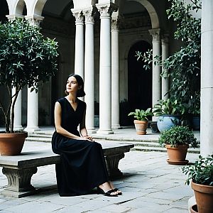 Woman in Black Dress in Classical Courtyard