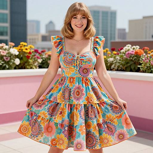 Woman Wearing Colorful Floral Dress with Ruffled Sleeves on Rooftop