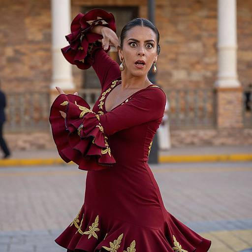 Flamenco Dancer Woman in Red Traditional Dress Performing Outdoors