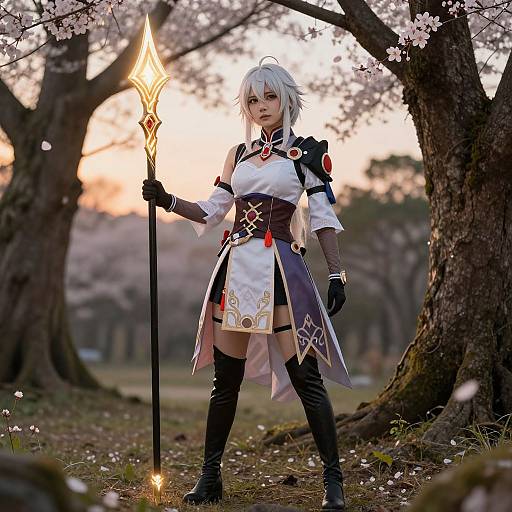 Fantasy Cosplay Woman Holding Glowing Spear under Cherry Blossoms