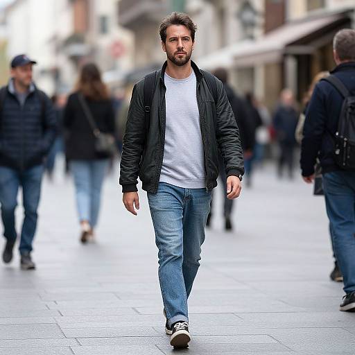 Young Man Walking on Busy Urban Street in Casual Outfit