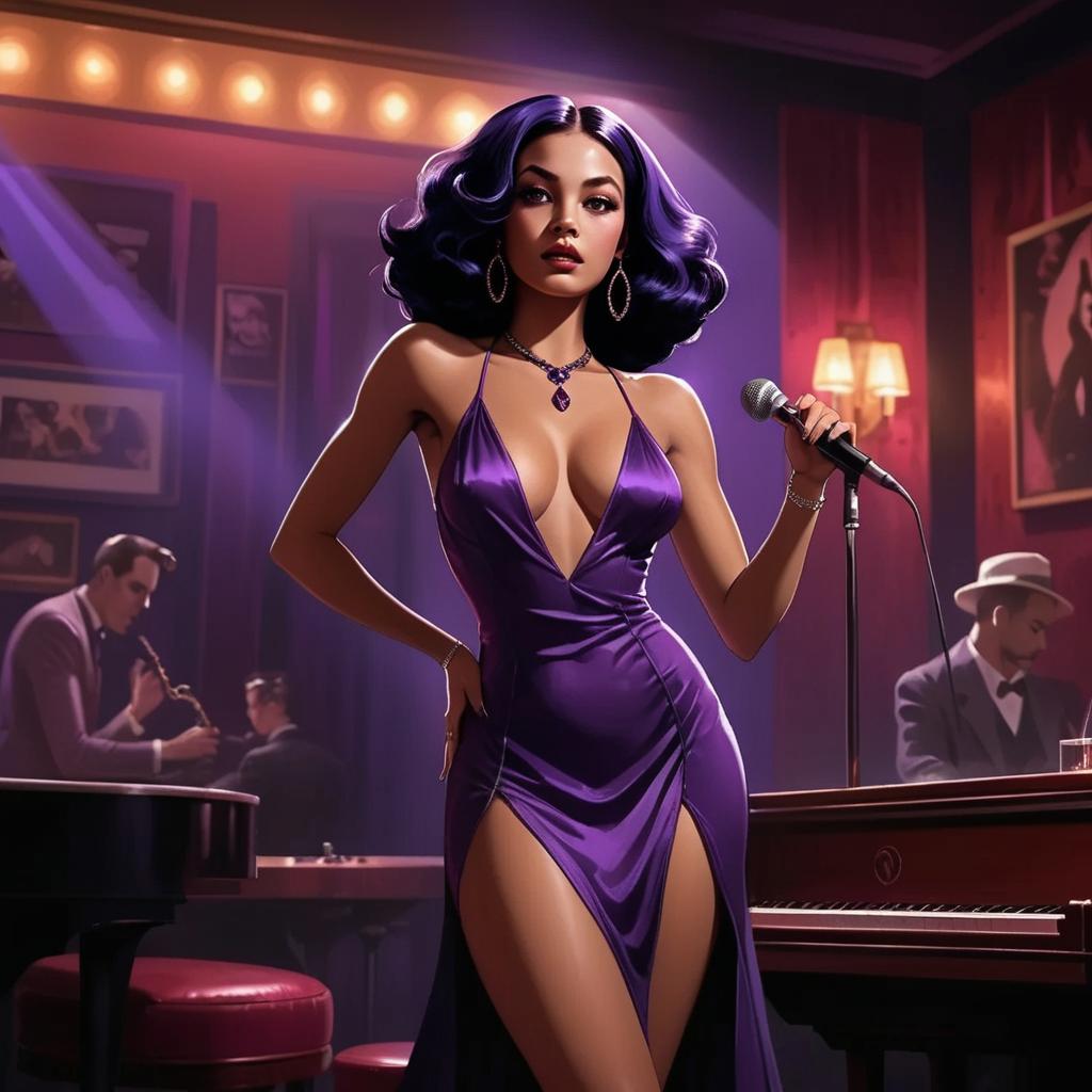 Elegant Woman Singer in Purple Evening Gown Performing at Jazz Club