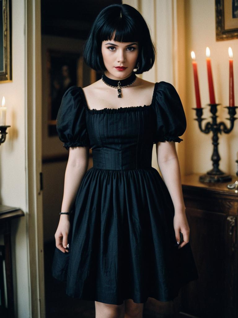 Gothic Vintage Style Woman in Black Dress with Bob Haircut