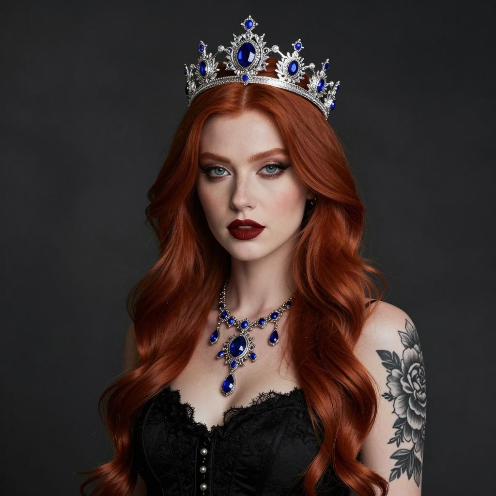 Red-Haired Woman with Blue Gemstone Crown and Gothic Style Tattoo