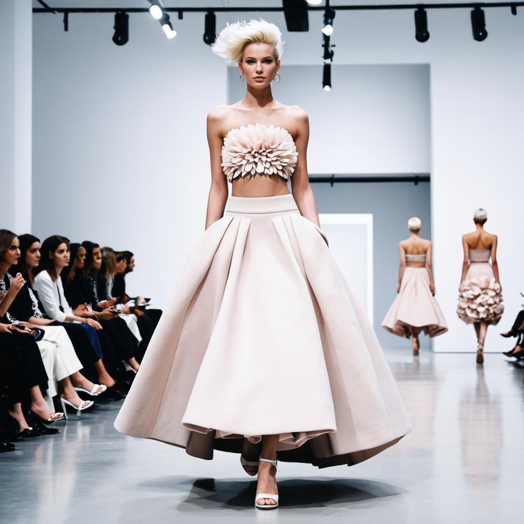 Elegant Woman in Modern Floral Crop Top and Voluminous Skirt on Runway