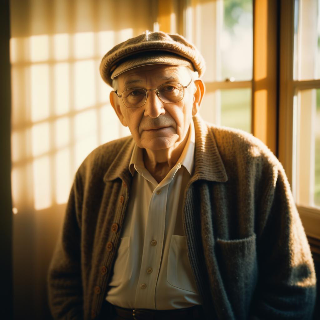 Elderly Man in Cozy Cardigan Gazing Thoughtfully