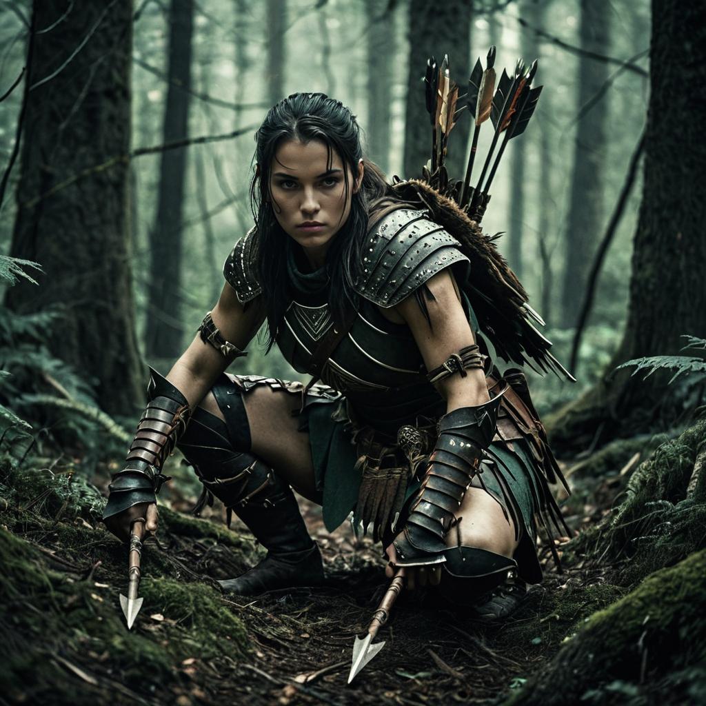 Fierce Woman Warrior in Leather Armor with Dual Spears in Forest