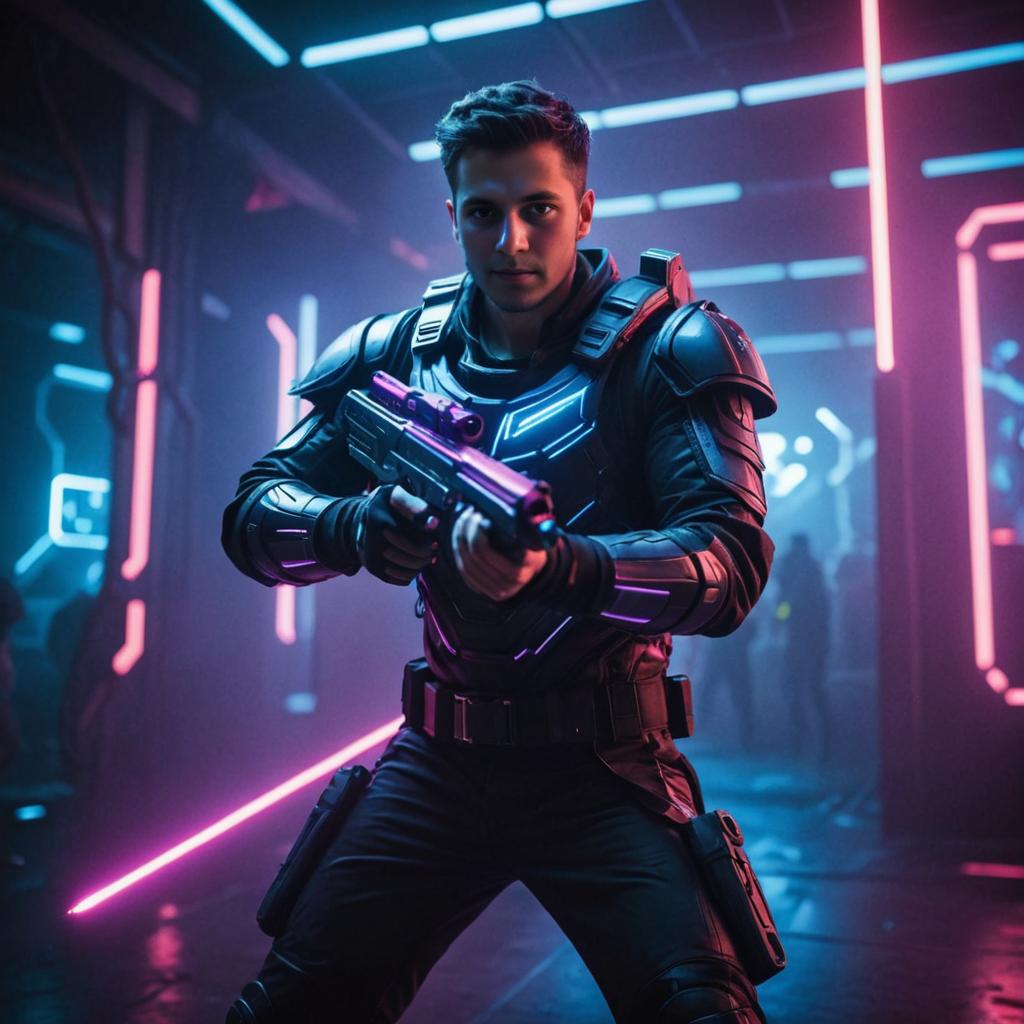 Futuristic Man with Gun in Neon Ambience